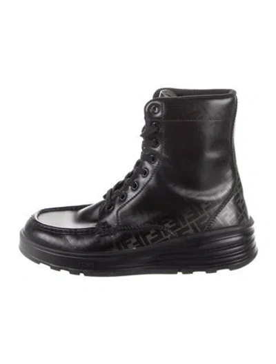 Pre-owned Fendi Zucca Ff Logo Leather Lace-up Boots In Black