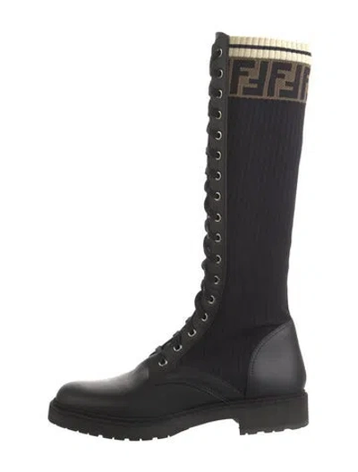 Pre-owned Fendi Zucca Ff Logo Leather Lace-up Boots In Black