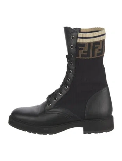 Pre-owned Fendi Zucca Ff Logo Leather Lace-up Boots In Black