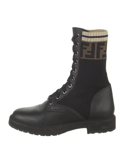 Pre-owned Fendi Zucca Ff Logo Leather Lace-up Boots In Black
