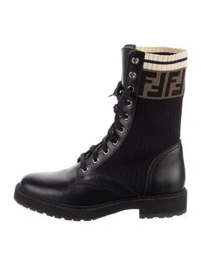Pre-owned Fendi Zucca Ff Logo Leather Lace-up Boots In Black