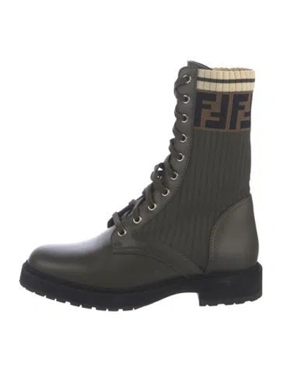 Pre-owned Fendi Zucca Ff Logo Leather Lace-up Boots In Black