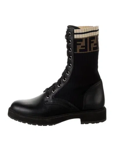 Pre-owned Fendi Zucca Ff Logo Leather Lace-up Boots In Black