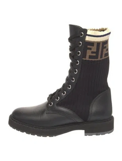 Pre-owned Fendi Zucca Ff Logo Leather Lace-up Boots In Black