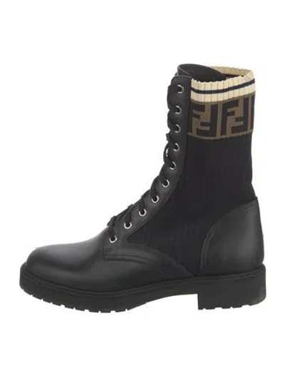 Pre-owned Fendi Zucca Ff Logo Leather Lace-up Boots In Black