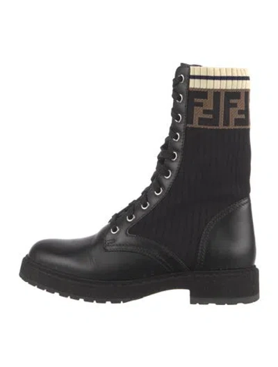 Pre-owned Fendi Zucca Ff Logo Leather Lace-up Boots In Black