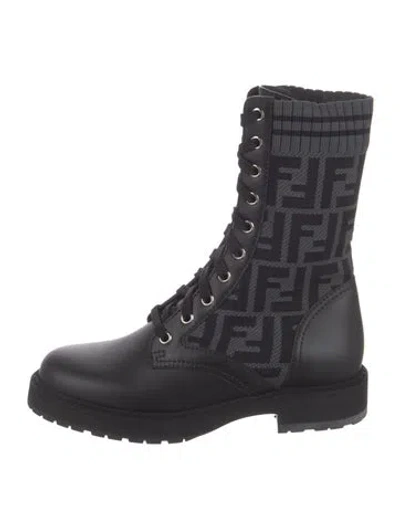 Pre-owned Fendi Zucca Ff Logo Leather Lace-up Boots In Black