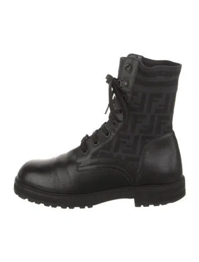 Pre-owned Fendi Zucca Ff Logo Leather Lace-up Boots In Black