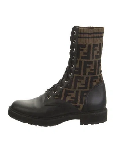 Pre-owned Fendi Zucca Ff Logo Leather Lace-up Boots In Black/brown