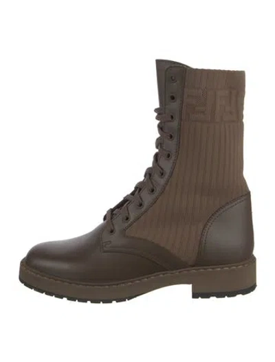Pre-owned Fendi Zucca Ff Logo Leather Lace-up Boots In Brown