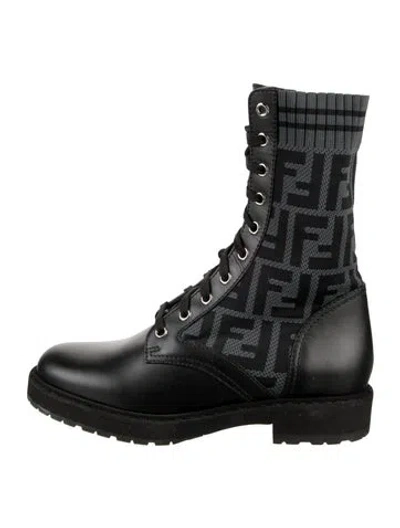 Pre-owned Fendi Zucca Ff Logo Leather Lace-up Boots In Grey