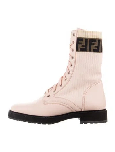 Pre-owned Fendi Zucca Ff Logo Leather Lace-up Boots In Pink