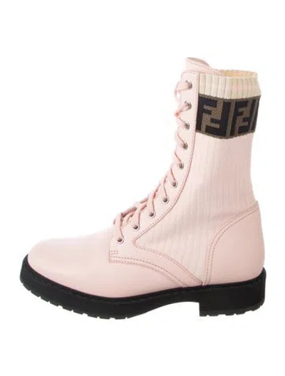 Pre-owned Fendi Zucca Ff Logo Leather Lace-up Boots In Pink