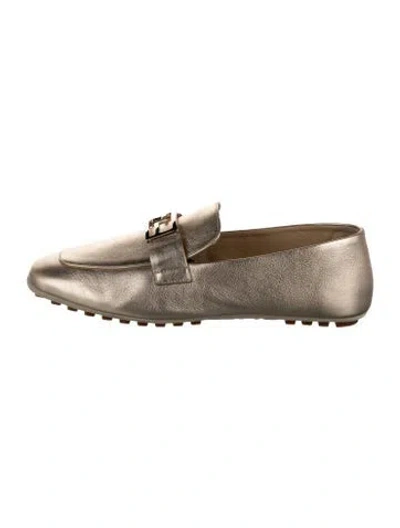 Pre-owned Fendi Zucca Ff Logo Leather Loafers In Gold