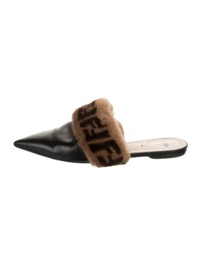 Pre-owned Fendi Zucca Ff Logo Leather Mules In Black