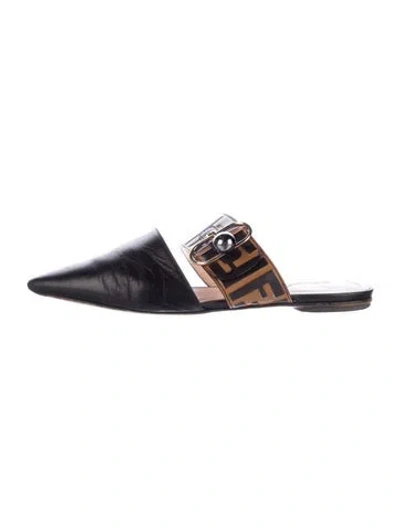 Pre-owned Fendi Zucca Ff Logo Leather Mules In Black