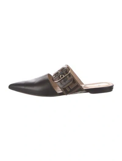Pre-owned Fendi Zucca Ff Logo Leather Mules In Black