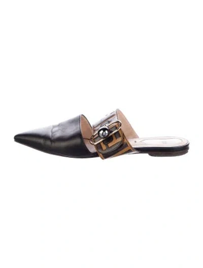 Pre-owned Fendi Zucca Ff Logo Leather Mules In Black