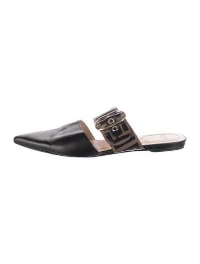 Pre-owned Fendi Zucca Ff Logo Leather Mules In Black