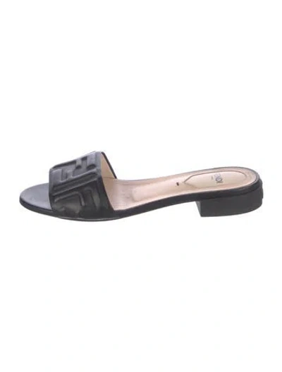 Pre-owned Fendi Zucca Ff Logo Leather Mules In Black