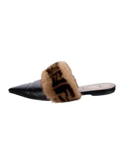 Pre-owned Fendi Zucca Ff Logo Leather Mules In Black