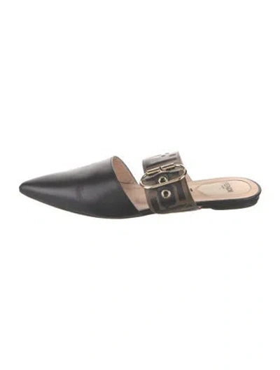 Pre-owned Fendi Zucca Ff Logo Leather Mules In Black