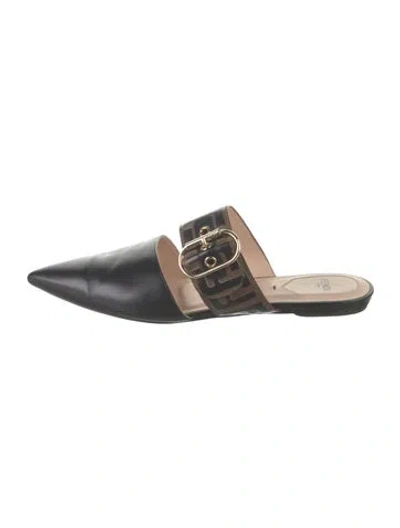 Pre-owned Fendi Zucca Ff Logo Leather Mules In Black
