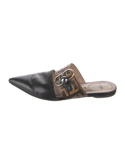 Pre-owned Fendi Zucca Ff Logo Leather Mules In Black
