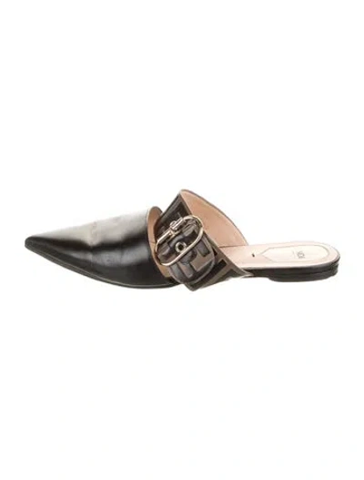 Pre-owned Fendi Zucca Ff Logo Leather Mules In Black