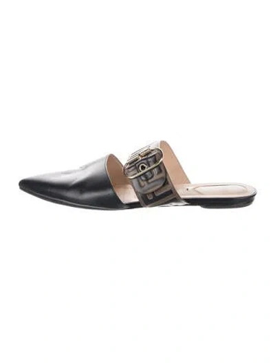 Pre-owned Fendi Zucca Ff Logo Leather Mules In Black