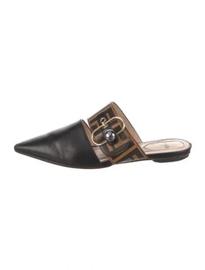 Pre-owned Fendi Zucca Ff Logo Leather Mules In Black