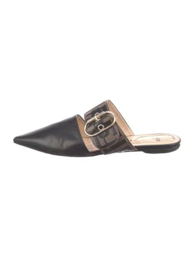 Pre-owned Fendi Zucca Ff Logo Leather Mules In Black/brown