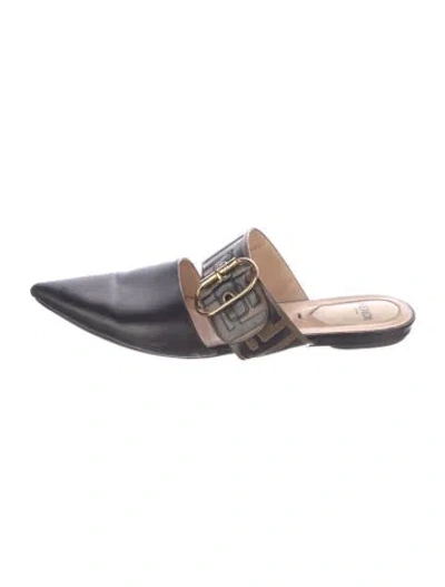 Pre-owned Fendi Zucca Ff Logo Leather Mules In Black/brown
