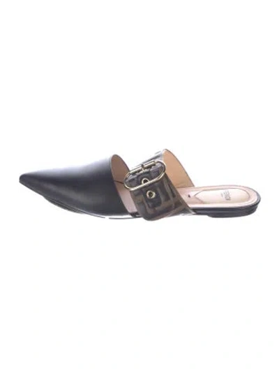 Pre-owned Fendi Zucca Ff Logo Leather Mules In Blue
