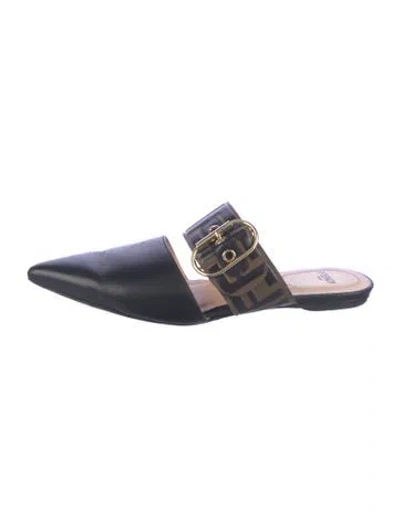 Pre-owned Fendi Zucca Ff Logo Leather Mules In Blue