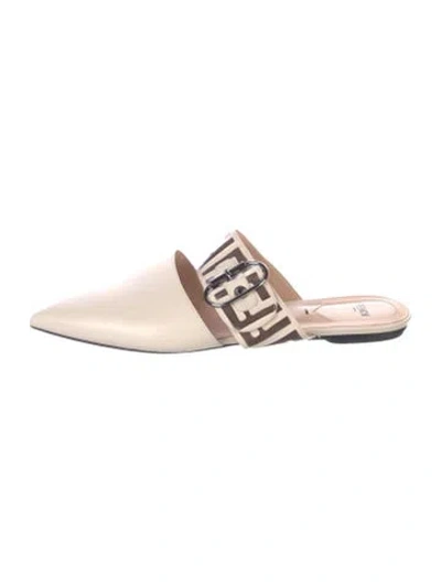 Pre-owned Fendi Zucca Ff Logo Leather Mules In Neutral