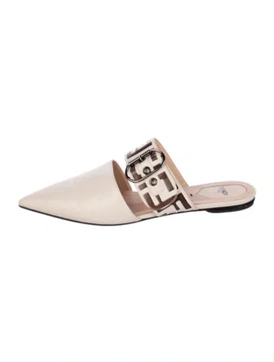 Pre-owned Fendi Zucca Ff Logo Leather Mules In Neutrals