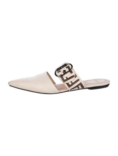 Pre-owned Fendi Zucca Ff Logo Leather Mules In Neutrals