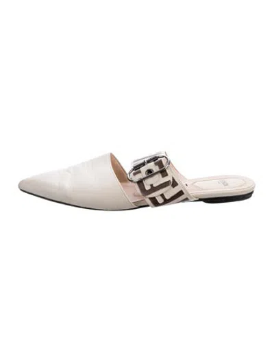 Pre-owned Fendi Zucca Ff Logo Leather Mules In Neutrals