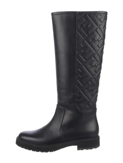 Pre-owned Fendi Zucca Ff Logo Leather Rain Boots In Black