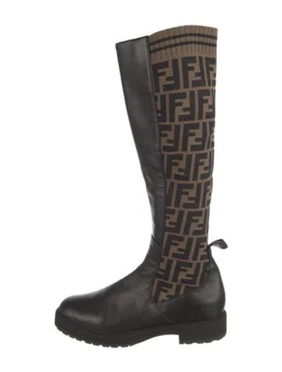 Pre-owned Fendi Zucca Ff Logo Leather Rain Boots In Brown