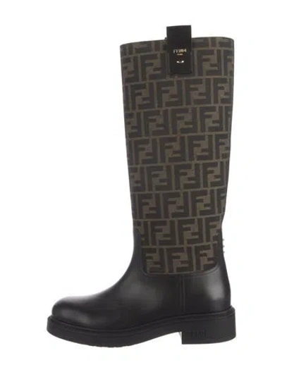 Pre-owned Fendi Zucca Ff Logo Leather Rain Boots In Brown