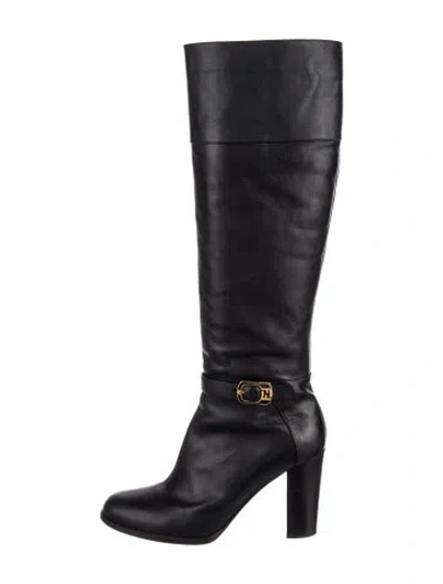 Pre-owned Fendi Zucca Ff Logo Leather Riding Boots In Black