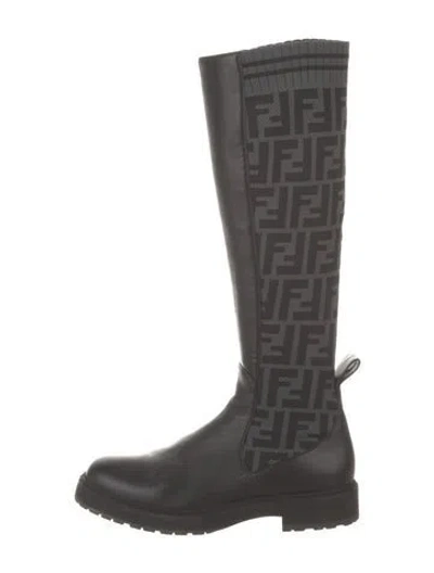 Pre-owned Fendi Zucca Ff Logo Leather Riding Boots In Black