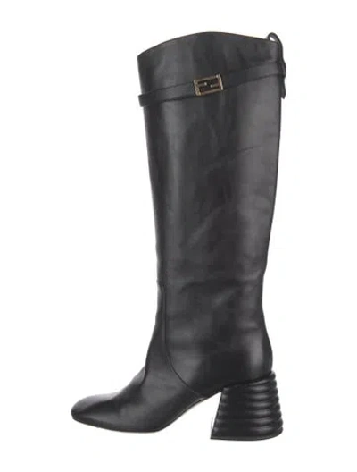 Pre-owned Fendi Zucca Ff Logo Leather Riding Boots In Black