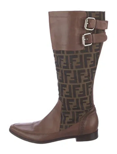 Pre-owned Fendi Zucca Ff Logo Leather Riding Boots In Brown