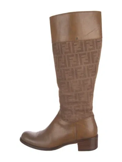 Pre-owned Fendi Zucca Ff Logo Leather Riding Boots In Brown/neutrals