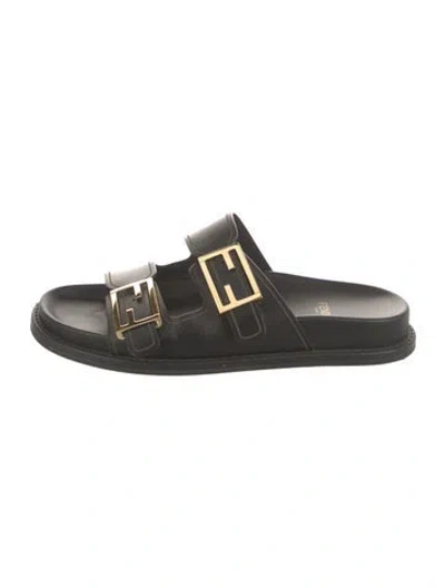 Pre-owned Fendi Zucca Ff Logo Leather Slides In Black