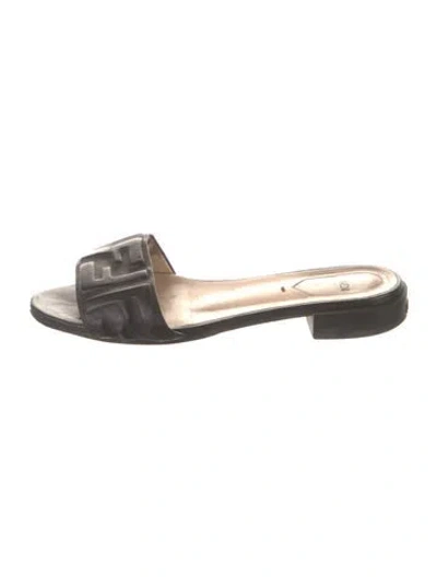 Pre-owned Fendi Zucca Ff Logo Leather Slides In Black