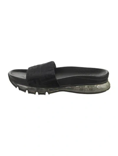 Pre-owned Fendi Zucca Ff Logo Leather Slides In Black